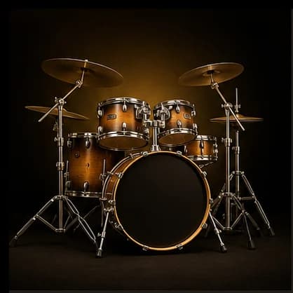 Bateria acústica em estúdio com iluminação dourada