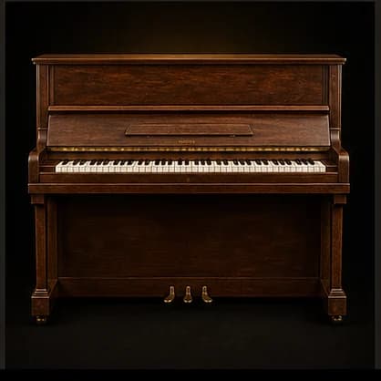 Piano acústico em estúdio com iluminação dourada
