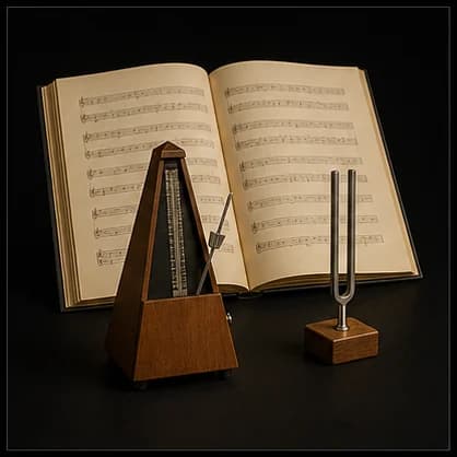 Partitura aberta, metrônomo e diapasão representando teoria musical